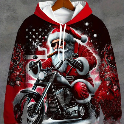 Men'S Christmas Hoodie with Santa Claus Riding Motorcycle & Reindeer Print - Warm Winter Pullover with Kangaroo Pocket, Machine Washable, Regular Fit Casual Long Sleeve Hoodie for Holiday Parties, Home Loungewear & Casual Att