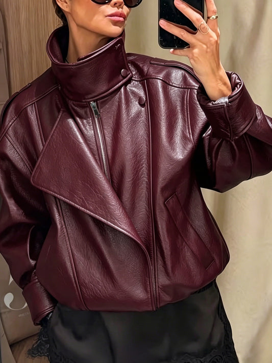 Oversized Vintage Faux Leather Biker Jacket with Buckle Collar
