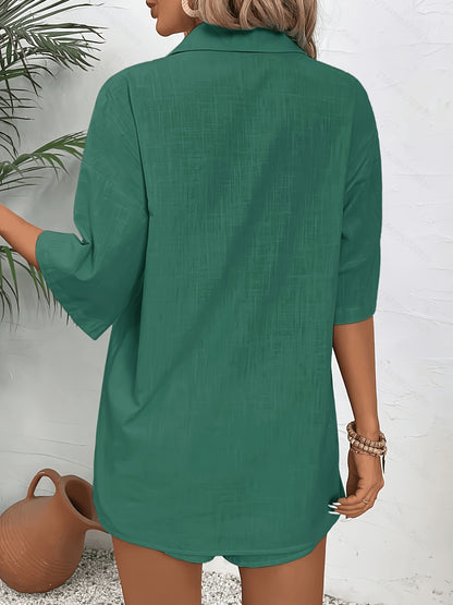 Women's Solid Color Polo Shirt and Shorts Set for Spring Summer