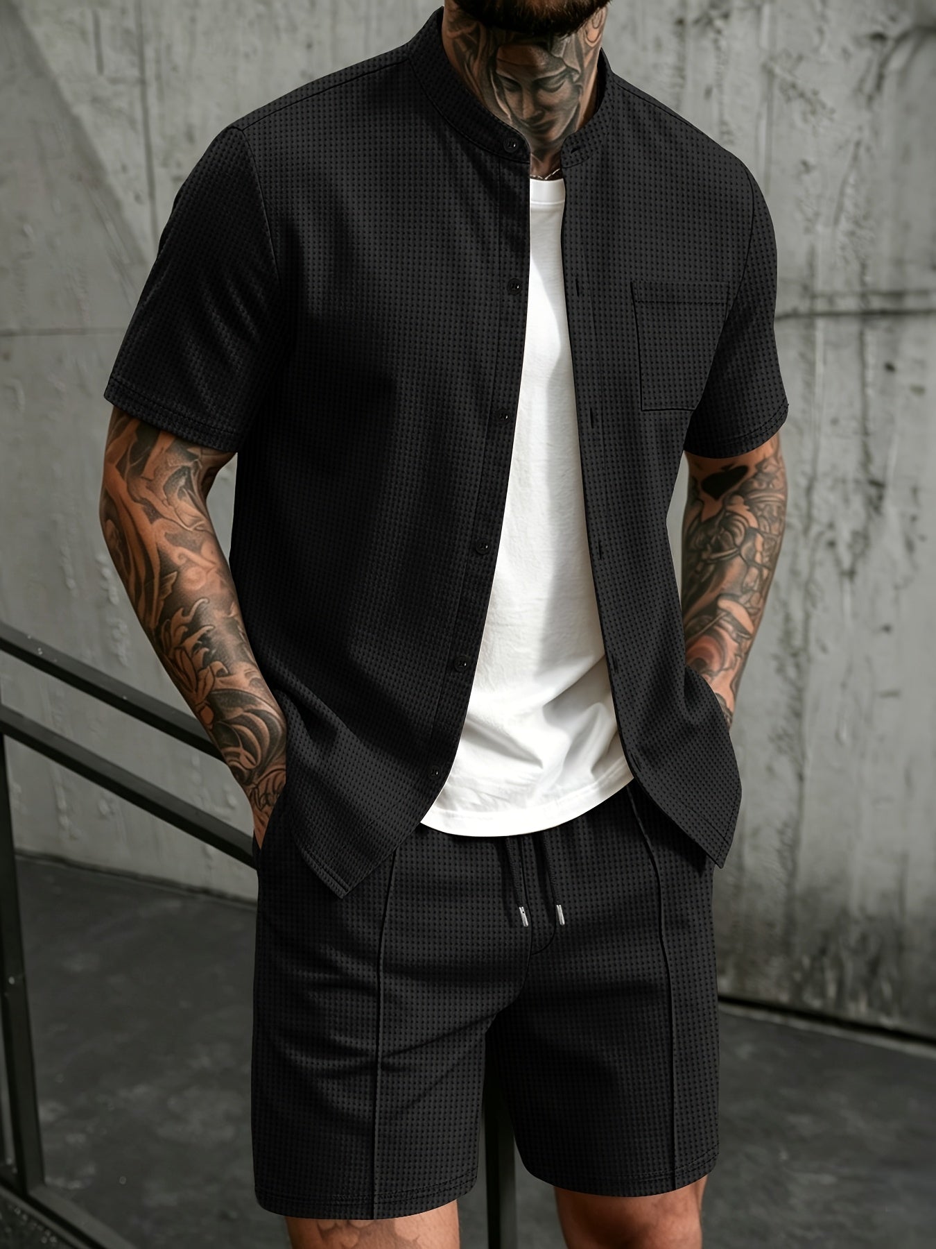 Men's Casual Mandarin Collar Short Sleeve Shirt and Drawstring Pants