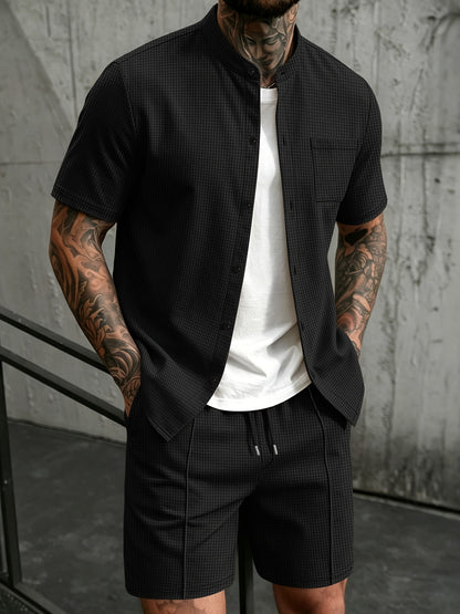 Men's Casual Mandarin Collar Short Sleeve Shirt and Drawstring Pants