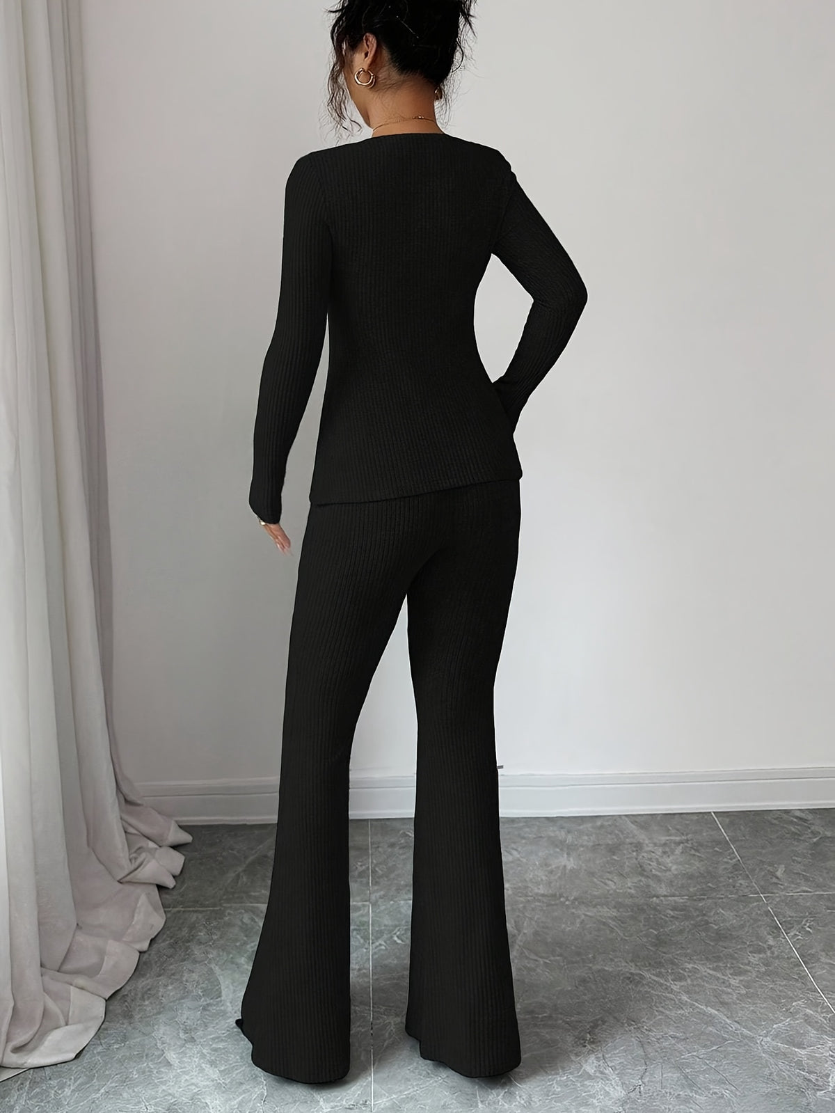 Elegant Women's Slim Fit Bow-Tie Top & Flared Pants Set - ayq
