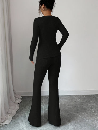 Elegant Women's Slim Fit Bow-Tie Top & Flared Pants Set - ayq