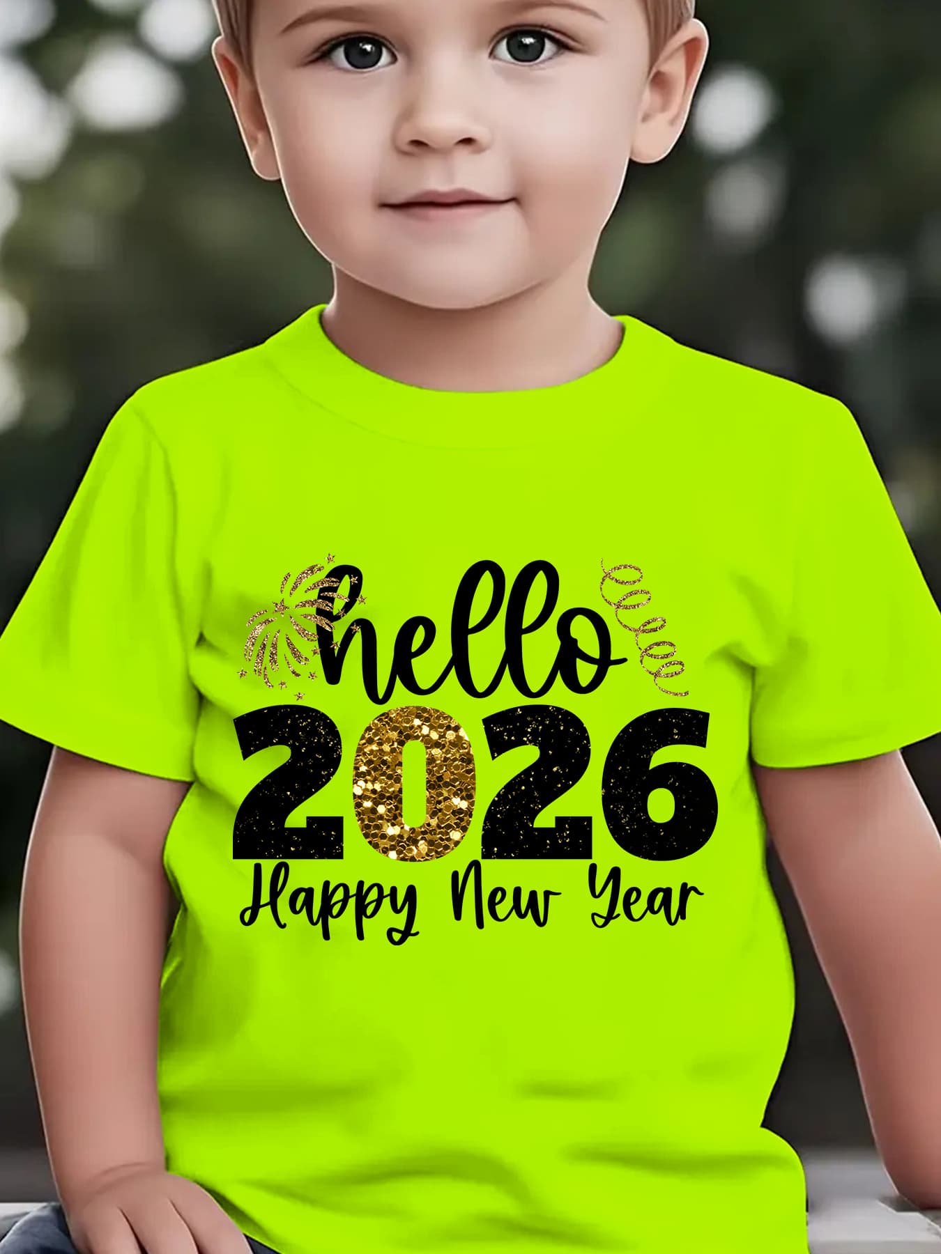 Boys' 2026 New Year'S Eve Party T-Shirt - Hello 2026 Happy New Year Fireworks Print with Golden & Lettering - Lightweight Summer Tee for Birthday Party Outfit, New Year'S Eve Celebration - Easy-care Kids Shirt, New Year T Shi