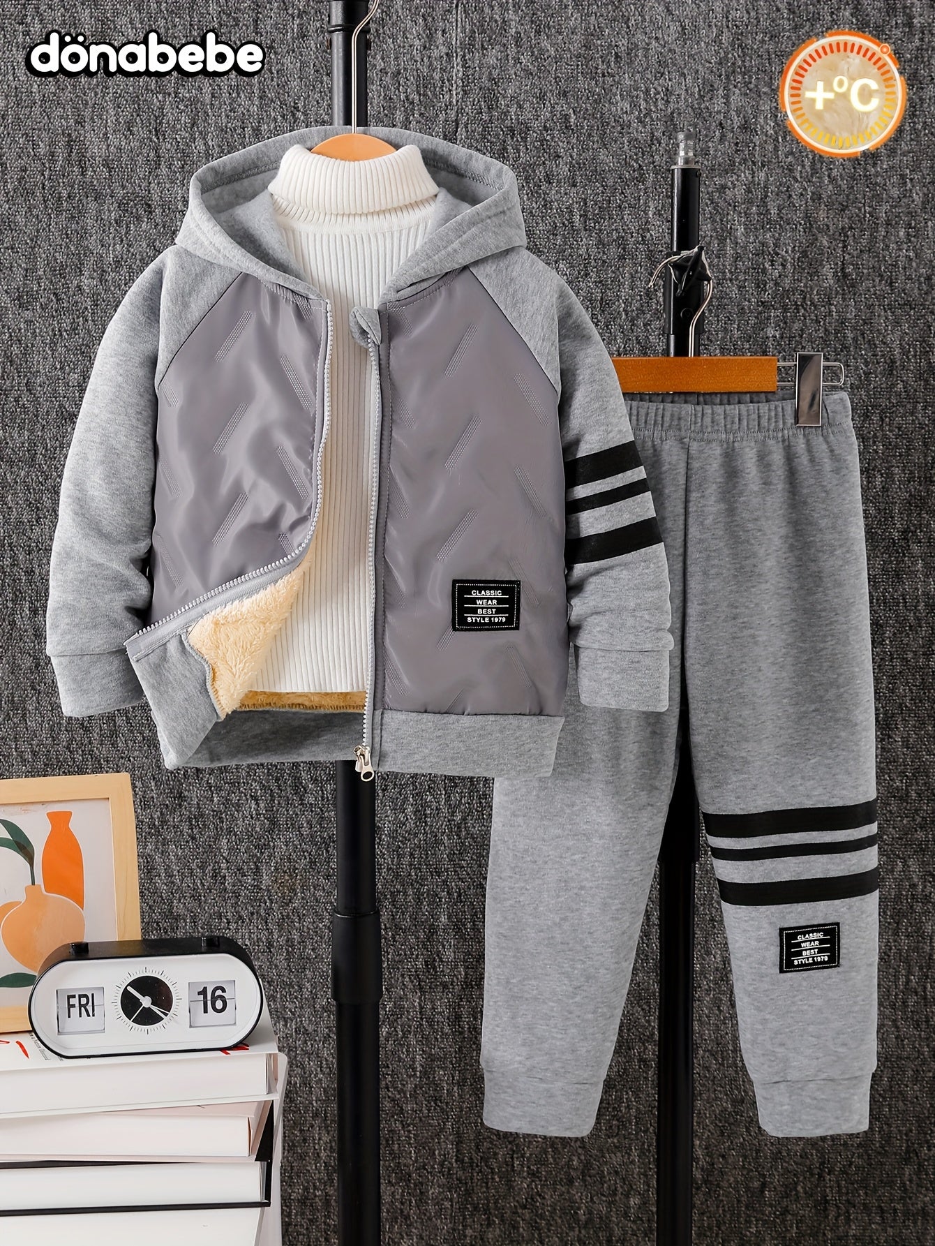 DONABEBE Boys' 2pcs Winter Jacket & Pants Set - Full-Zip Hooded Coat with Striped Sleeves & Matching Pants, Thick Outfit for &, Soft Warm Casual Playwear (Grey/Black) - Hand Washable 2pcs Clothing, Perfect for Outdoor