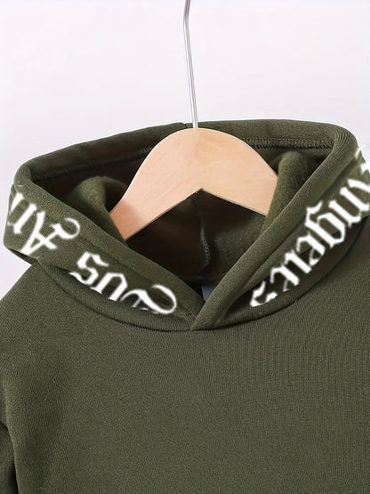 2pcs Boys' Casual Polyester Tracksuit Set, Los Angeles Alphabet Print, Medium Stretch Knit Fabric, Regular Fit, with Fleece-Lined Long Sleeve Hoodie and Joggers, for Daily & Outdoor Wear, Fall/Winter Warmth, for Outdoor