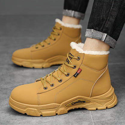 Men'S Mid-Calf Fleece-Lined Thick Sole Hiking Boots - Brown Synthetic Synthetic Faux, Lace-Up Outdoor Trekking Shoes with Cushioned PVC Sole for Winter & Fall, Casual Streetwear Style, Winter Hiking Boots, Durable Traction Fo