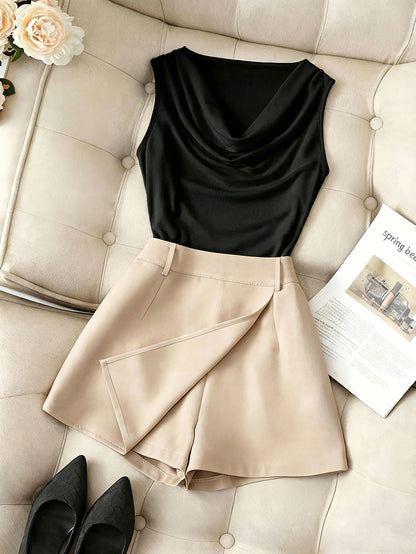 Women's Elegant Sleeveless Brown Vest & Apricot Shorts Set