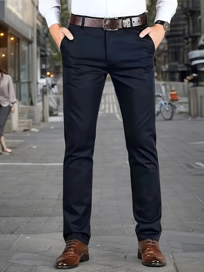 Men's Sleek Stretch Dress Pants - Solid Color Black, Comfort Fit with Subtle Stretch, Polyester Fabric, Mid-Rise, Machine Washable, Perfect for Business Casual & All-Season Wear, Business Casual Pants | Sleek Trousers | Easyc