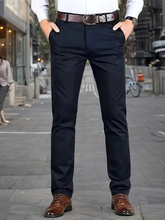 Men's Sleek Stretch Dress Pants - Solid Color Black, Comfort Fit with Subtle Stretch, Polyester Fabric, Mid-Rise, Machine Washable, Perfect for Business Casual & All-Season Wear, Business Casual Pants | Sleek Trousers | Easyc