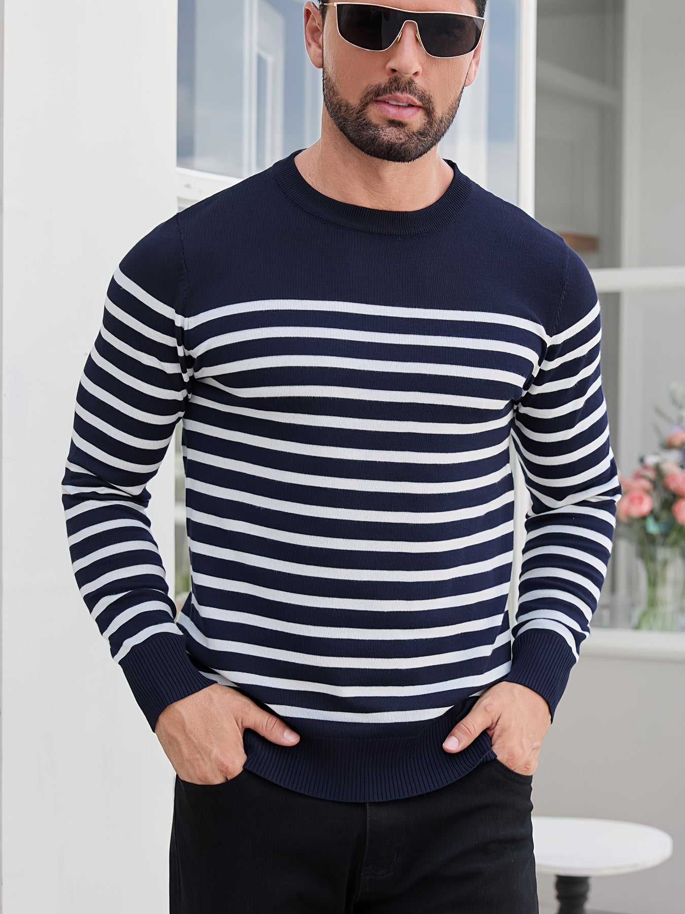 Գարնանային և աշնանային ամենօրյա երկգույն գծավոր տղամարդու սվիտեր-պուլովեր՝ գունավոր բլոկներով, կլոր վզնոցով, տղամարդու տրիկոտաժե վերնաշապիկ