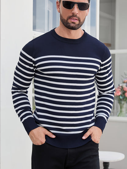 Գարնանային և աշնանային ամենօրյա երկգույն գծավոր տղամարդու սվիտեր-պուլովեր՝ գունավոր բլոկներով, կլոր վզնոցով, տղամարդու տրիկոտաժե վերնաշապիկ