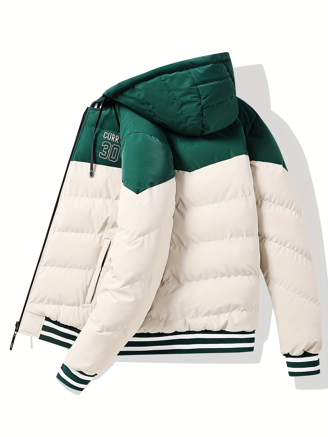 Men's Modern Streetwear Hooded Jacket with Embroidered Lettering, Color-Block Design, Removable Hood & Polyester Fill - Machine Washable Long Sleeve Coat with Pockets for Fall Winter Casual Wear