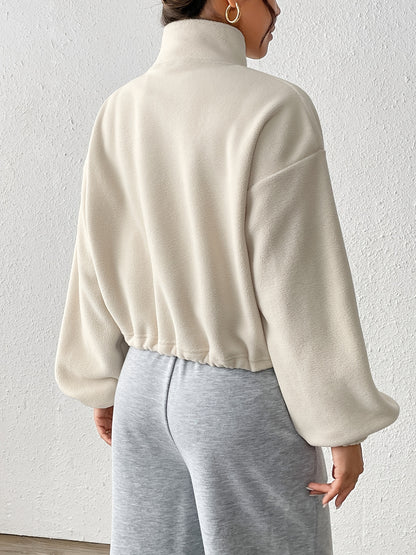 Women'S Casual Zippered Front Drawstring Hem Jacket - High-Neck Long Sleeve with Pockets, All-Season Comfort, Machine Washable, Versatile for Casual Attire, Casual Wear Jacket | Highneck Jacket | Zippered Jacket