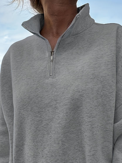 Women's Casual Heather Gray Half-Zip Sweatshirt - Soft Polyester & Elastane Blend, Long Sleeve, Stand Collar, Machine Washable - Perfect for Spring/Fall