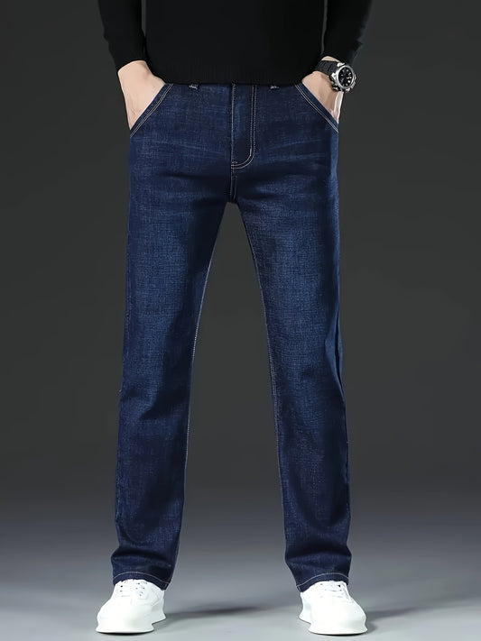 Men's Classic Straight-Leg Jeans - Comfort Business Casual Style, Cotton Blend with Stretch, Solid Washed Denim for All-Season Wear