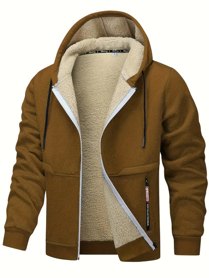 Men's Casual Warm Fleece Hooded Jacket with Zipper