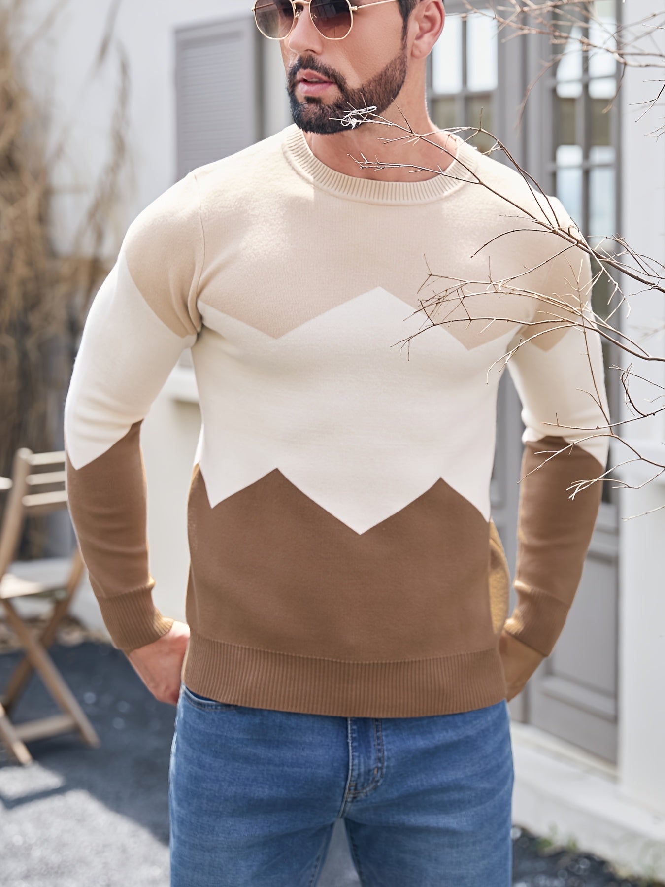 Տղամարդու կլոր վզնոցով սվիտեր աշնանային և ձմեռային համար, առօրյա երկար թևքերով, եռագույն երկրաչափական նախշերով և ժակարդե գործվածքով