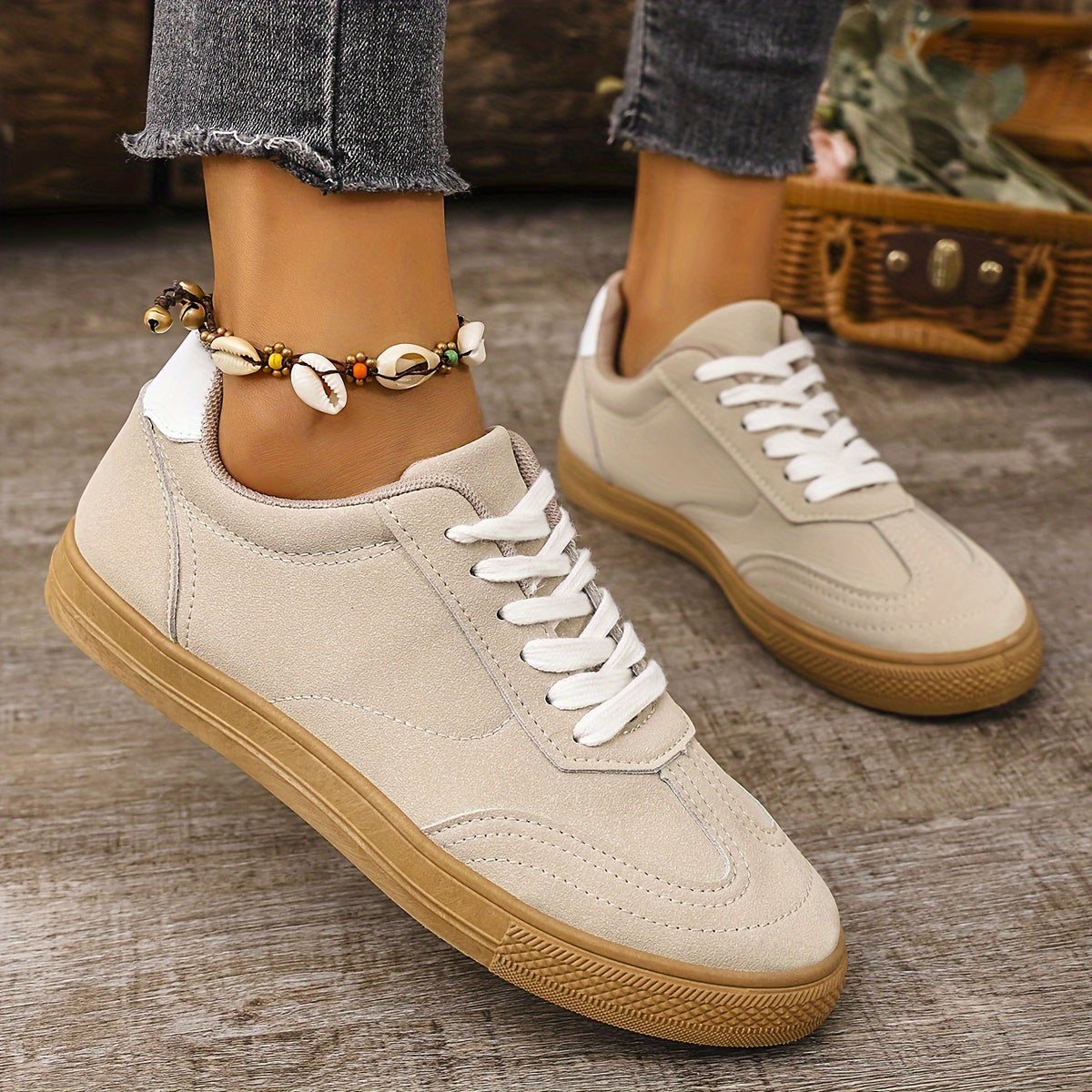 Women's Lightweight Casual Sneakers - All-Season, Lace-Up, Faux Cover Walking Shoes in Trendy Khaki