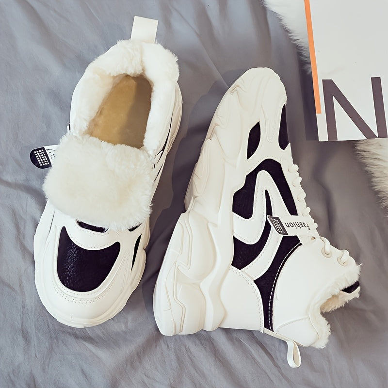 Women's Plush Fleece-Lined High-Top Sneakers - Thick-Soled Winter Warm Lace-Up Shoes with PU Upper & Cushioned PVC Sole, White/Black/Grey Chunky Dad Shoes (Cozy Round Toe) - Instagram Trendy Winter Footwear by I Trend