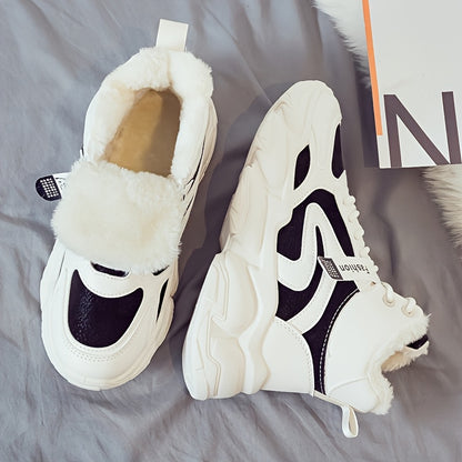 Women's Plush Fleece-Lined High-Top Sneakers - Thick-Soled Winter Warm Lace-Up Shoes with PU Upper & Cushioned PVC Sole, White/Black/Grey Chunky Dad Shoes (Cozy Round Toe) - Instagram Trendy Winter Footwear by I Trend