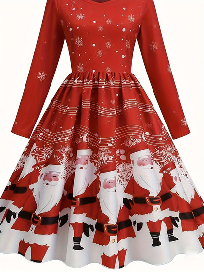 Elegant Christmas Santa Red Comfortable Zippered Long Dress | Draped, Crew Neck, Suitable for Fall/Winter.