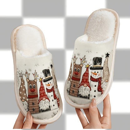 Christmas Snowman Reindeer Gnome Plush Lined Home Slippers, Soft and Beige-Friendly, Couples' Cozy Holiday Atmosphere with Christmas Elements, Holiday Slippers, Festive Pattern, Soft Fabric, Comfortable Cushioning, Couple Sli