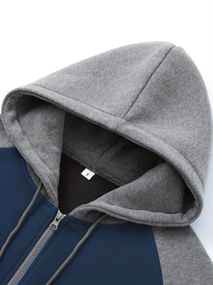 Men's Casual Sports Hoodie Two-Piece Set Four Seasons Color-Matching Zipper Drawstring Waist Jogging Suit - ayq