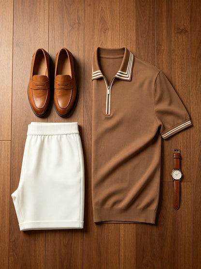 Men's Casual Striped Knit Polo & Lightweight Shorts Set