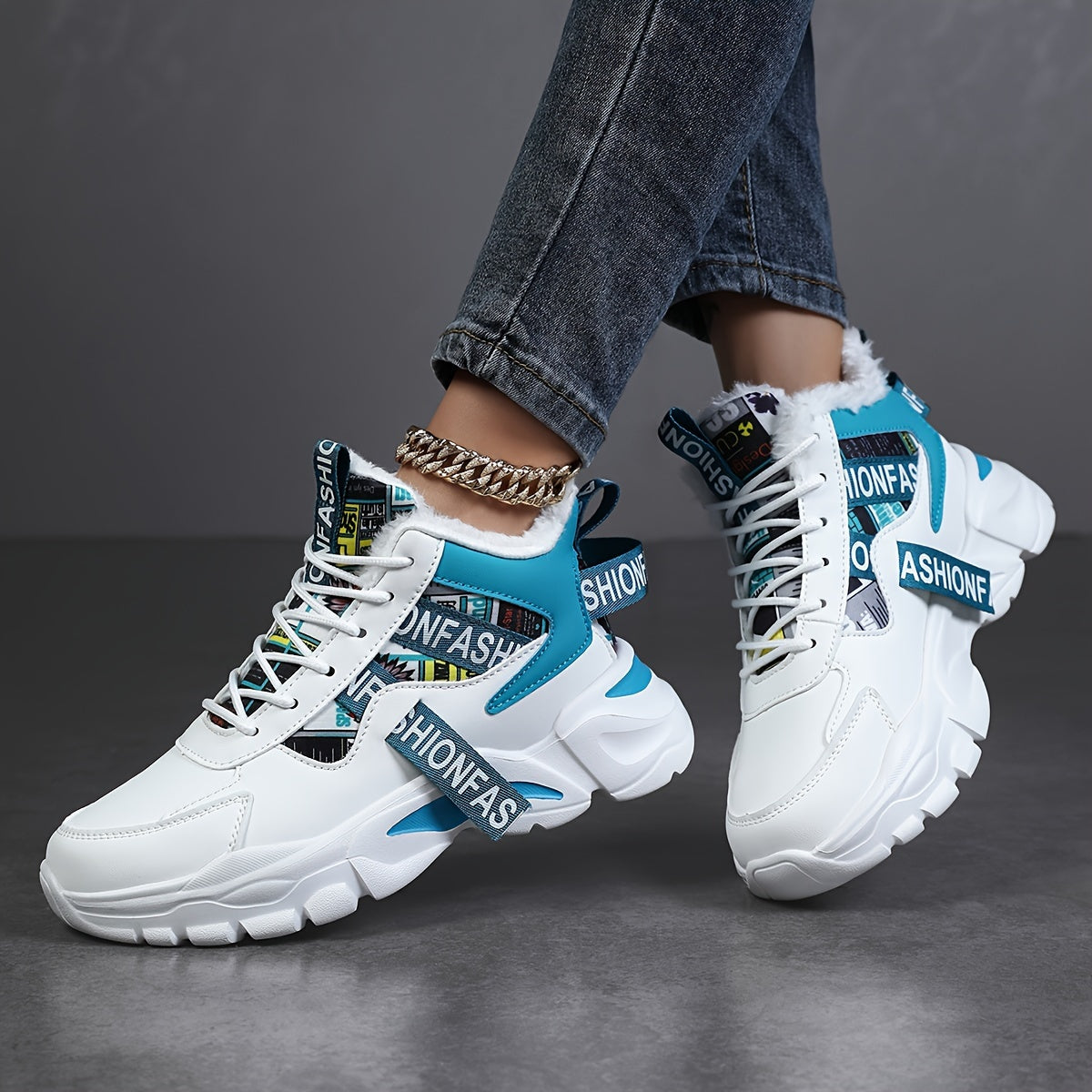 Women's Geometric Waterproof Snow Sneakers, Shock-Resistant Microfiber Upper, Flannel Lined, EVA Sole, Autumn & Winter High-Top Plush Fashion Shoes from Quanzhou