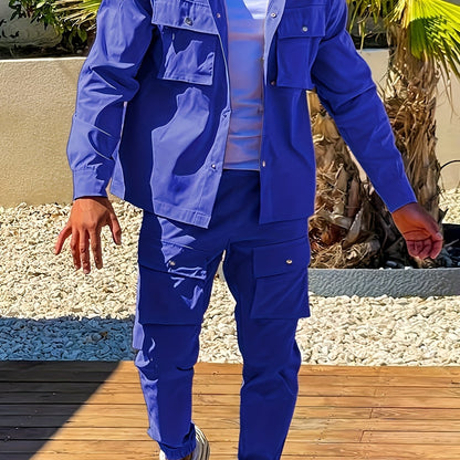 Men'S Casual Polyester Suit Set, Solid Color, Non-Stretch, Regular Fit, with Lapel Collar, Pocket Details, for Hiking, Daily Wear, and Special Occasions, Spring/Fall, Fall/Winter