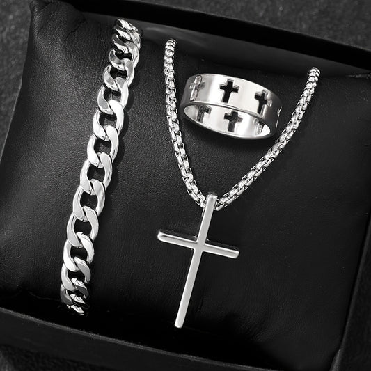 3pcs 's Fashion Jewelry Set: Hip Hop Bracelet, Necklace & Ring - Alloy Gift for Boyfriend/Husband, for Teenager