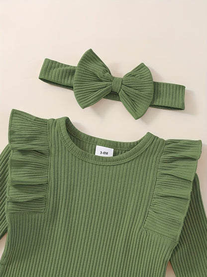 3pcs Baby Girl Outfit Set, Cute Ribbed Ruffle Long Sleeve Romper & Pants, 95% Cotton 5% Spandex, Crew Neck Pullovers, Solid Color, Regular Fit, No Belt, Fall/Winter Knit Fabric, 0-18 Months, for Outdoor