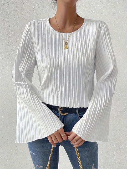 Women's Trendy Bell Sleeve Ribbed Blouse - White Crew Neck, Flared Sleeves, Casual Spring/Summer Top, Breathable Polyester Blend, Perfect for Casual Attire, Versatile Fashion | Ribbed Texture Shirt | Stretchable Fabric