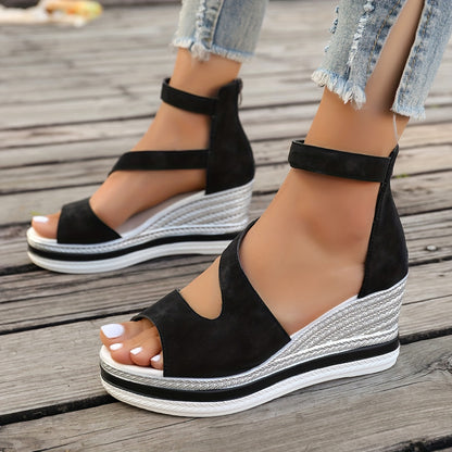 Plus-Size Women's Roman Wedge Sandals with Peep-Toe & Zipper