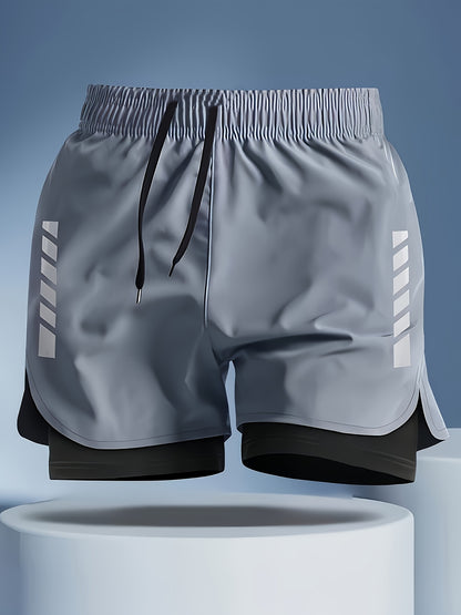 Men's Skinny Double-Layer Swim Trunks with Stripes for Summer Fitness