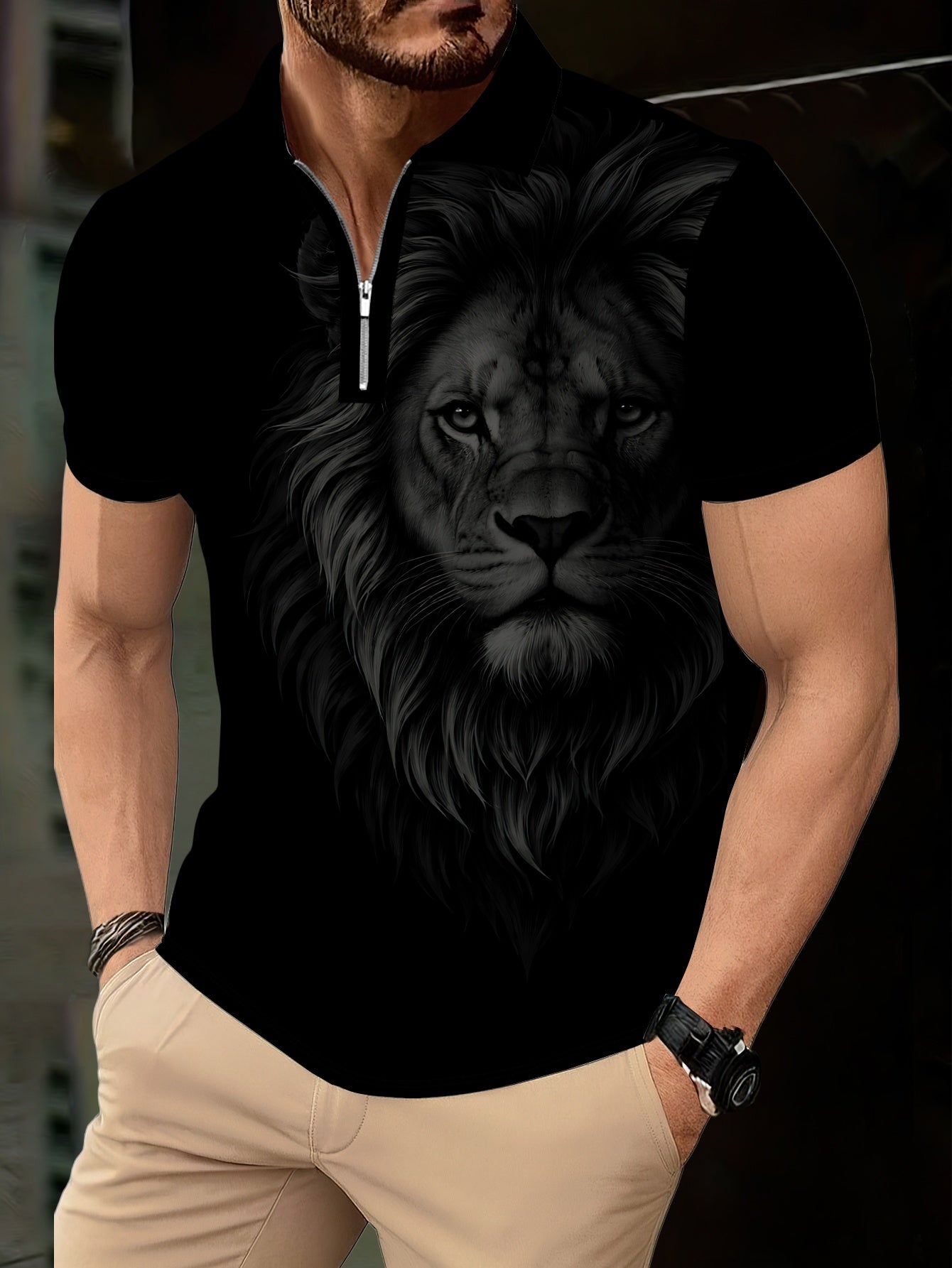Men's Zip Shirt Short Sleeve Summer Trendy Lion Print Collar T-Shirt Business Casual Slim Fit Men's Top Women's Clothing - ayq