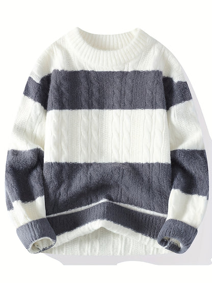 Նոր աշնանային և ձմեռային կլոր վզնոցով նորաձև գծավոր, գունավոր բլոկներով տրիկոտաժե սվիտեր միջին տարիքի տղամարդկանց համար, տաք և հարմարավետ