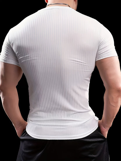 Men's Stretch Fit Short Sleeve T-Shirt - Breathable, Comfortable Polyester Blend, Solid Blue, Crew Neck, Casual  Sporty Style for Spring/Summer