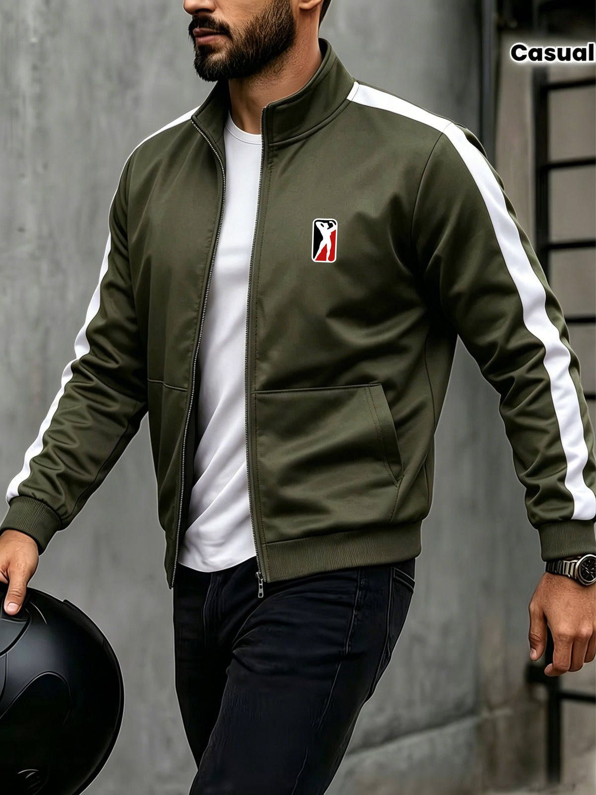 Men's Stand Collar Zip-Up Jacket with Striped Sleeves for Spring