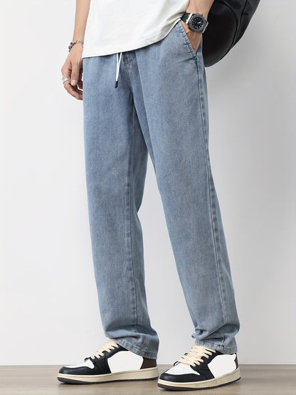 Men's Solid Washed Denim Trousers With Pockets, Causal Drawstring Cotton Blend Barrel Jeans For Outdoor Activities
