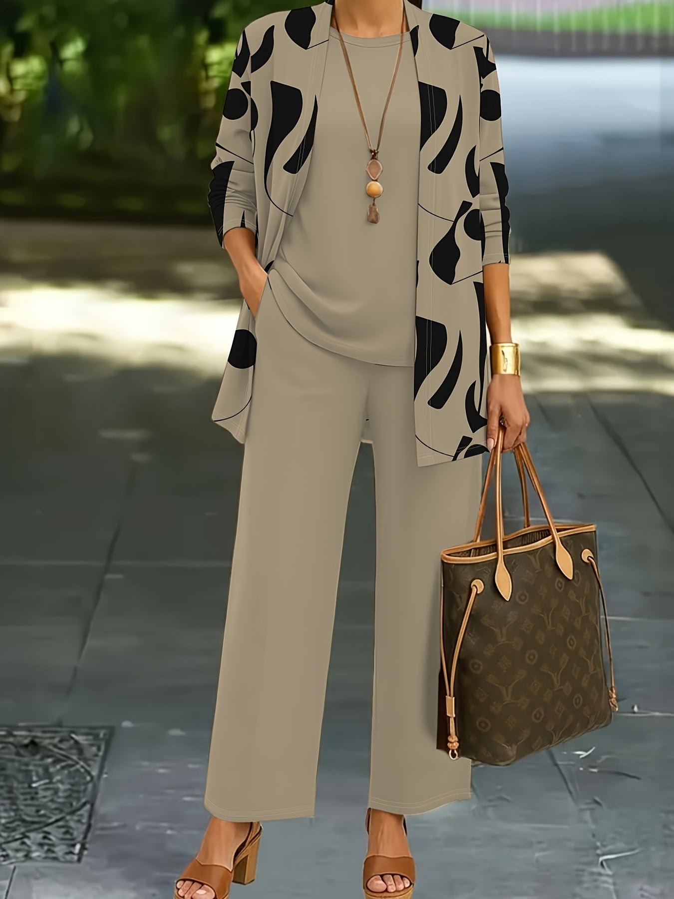 3pcs Women's Set: Abstract Print Cardigan with Vest Top and Elegant Casual Pants, Essential for Casual Attire