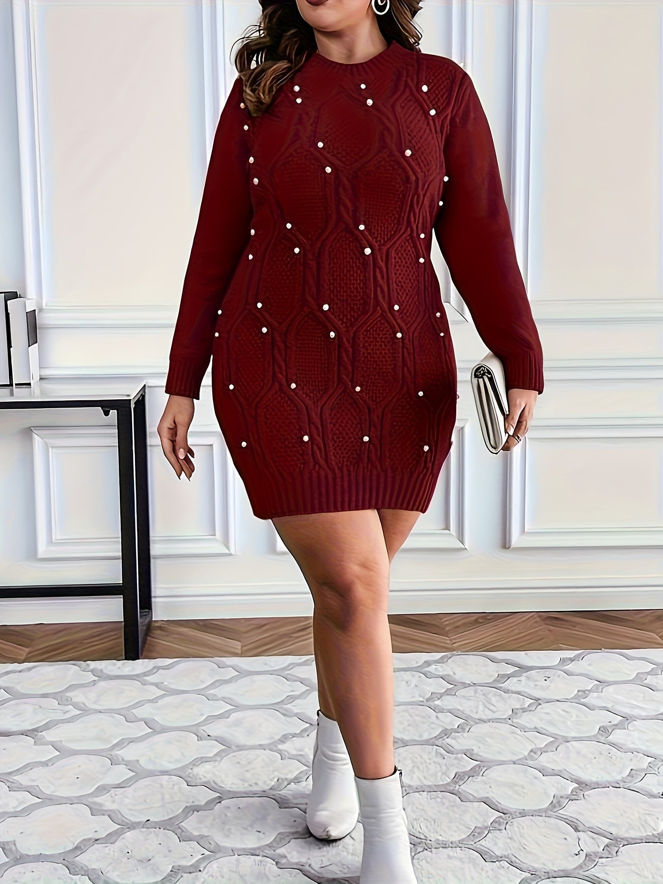 Plus Size, Plus Size Burgundy Pearl-Adorned Oversized Sweater Dress - Winter Warm Long Sleeve Round Neck A-Line, Christmas Party Wedding Guest Dress, Machine Washable Cozy -Like Tunic