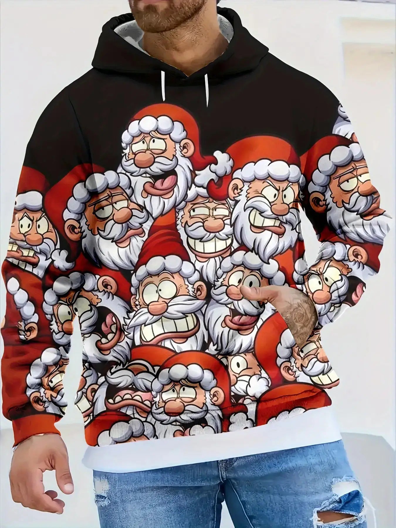 Men'S Christmas Hoodie with Santa Claus & Reindeer Print - Warm Winter Pullover, Kangaroo Pocket, Machine Washable, Festive Red & White Holiday Party Outfit, Regular Fit Long Sleeve Hoodie - Ideal Christmas Gift for Men, Plus