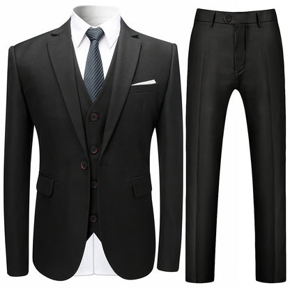 3pcs Men's Formal Suit Set, Men's Formal One Button Lapel Suit Jacket + Classic Matching Vest + Pants, Wedding Banquet & Business Occasion
