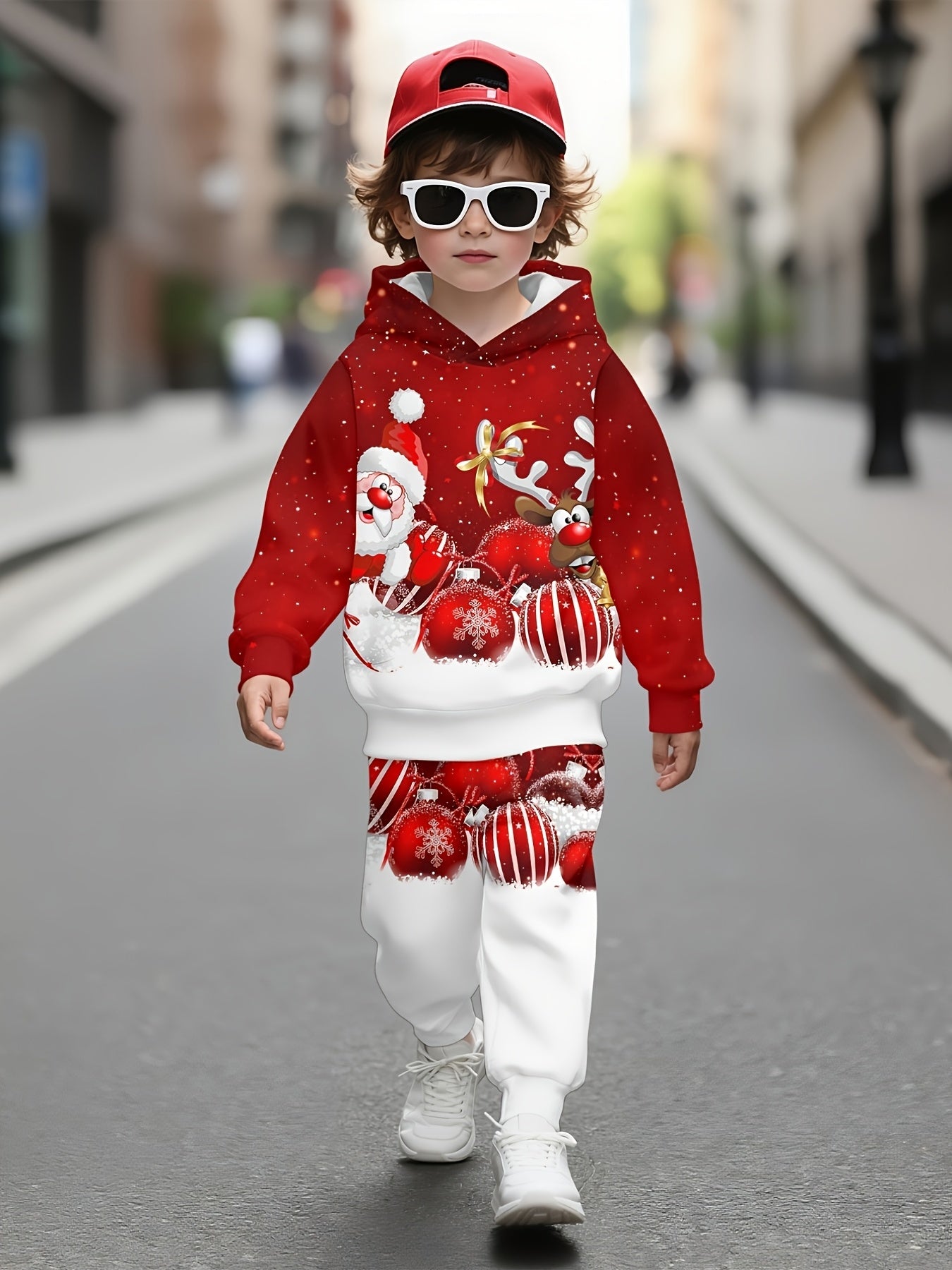 Գարնանային և աշնանային տղաների համար նախատեսված գլխարկով սվիտերի 2 հատանոց հավաքածու, կարմիր և սպիտակ պոլկա ամանորյա զով 3D նվերի նախշ, համապատասխան վերնաշապիկ և վազորդ, հարմար է դրսի և ներքին օգտագործման համար