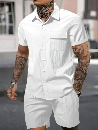 Men's Summer 2pcs Set: Casual Fashion Beige Short Sleeve Collared Shirt & Drawstring Shorts - Lightweight Blend, Ideal for Beach Vacations