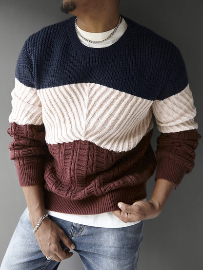 Men's Fashion Color-Block Striped Crew Neck Long Sleeve Casual Pullover, Trendy Elastic Warm Knitwear for Winter Outdoor Activities