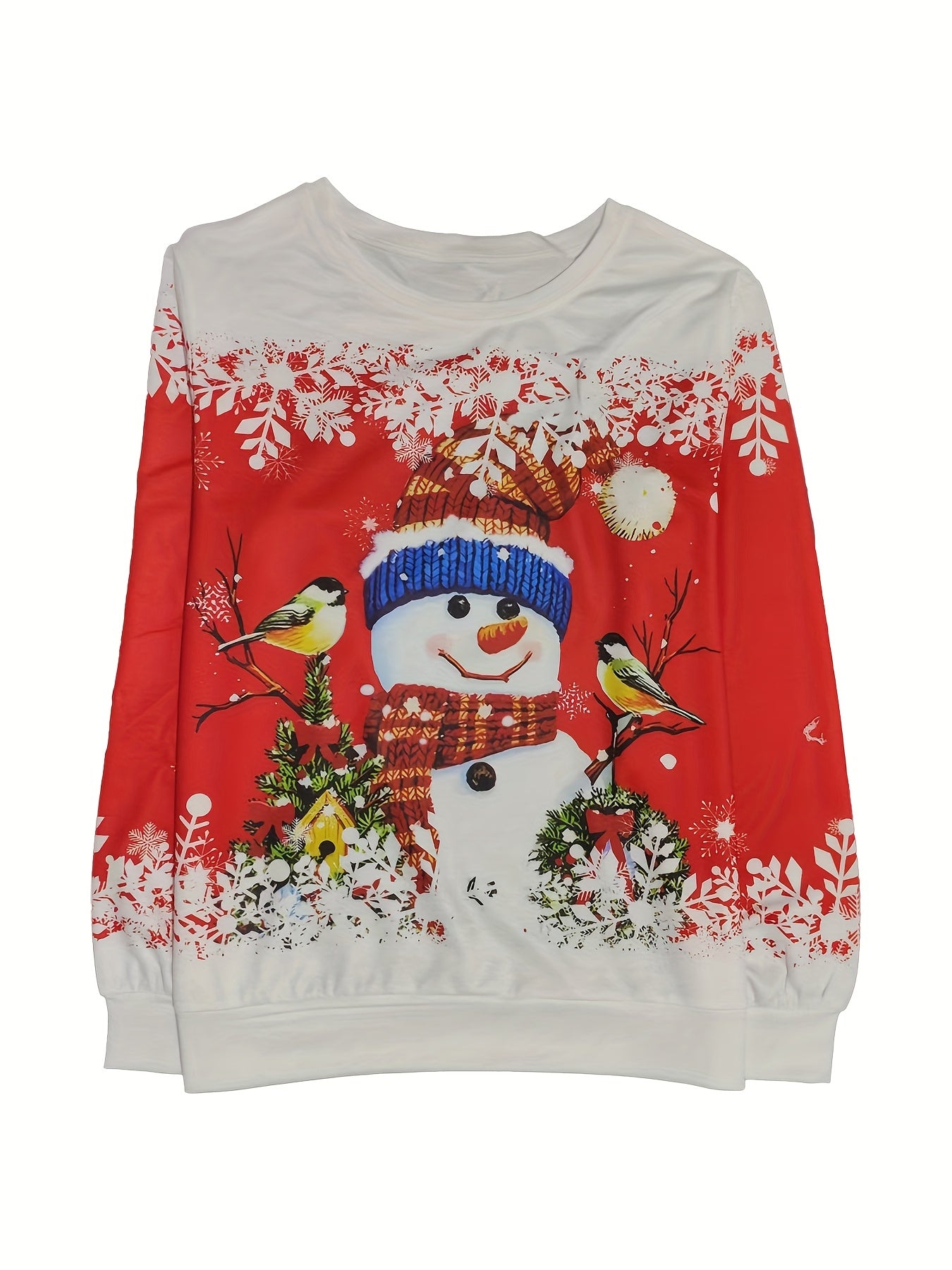 Women'S Red & Christmas Sweater - Long Sleeve Round Neck Winter Warmth with Snowman, Snowflakes & Poinsettia Print - All-Season Casual Pullover for Holiday