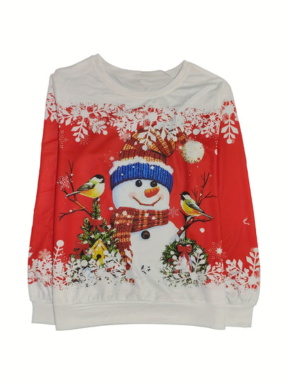 Women'S Red & Christmas Sweater - Long Sleeve Round Neck Winter Warmth with Snowman, Snowflakes & Poinsettia Print - All-Season Casual Pullover for Holiday
